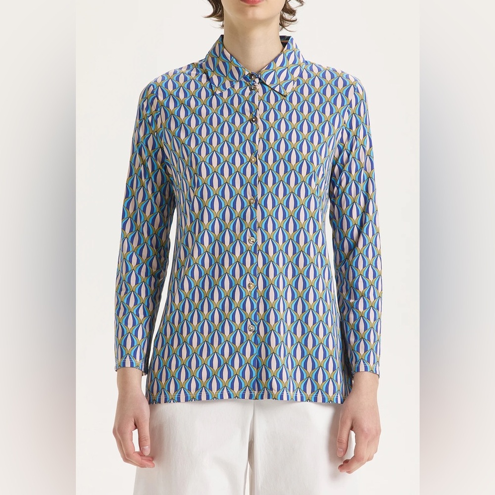Maliparmi Women’s Blue and Cream Geometric Button Down Shirt Size M (40)